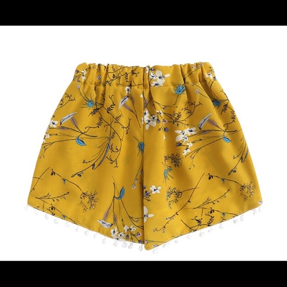 Yellow floral flowy shorts with tassels. NWT! - Picture 2 of 3